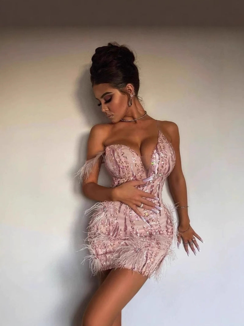 Hairy Fashion Deep V-Neck Short Dress Can Usually Wear A Small Name Dress