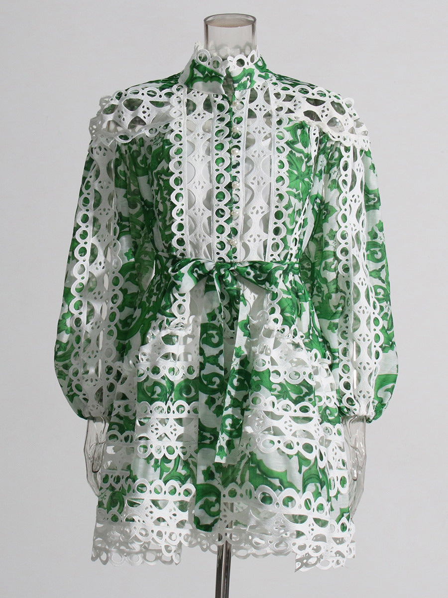 Bohemian 2025 Summer New Neck Lantern Sleeves With Hollow Print Dress Woman