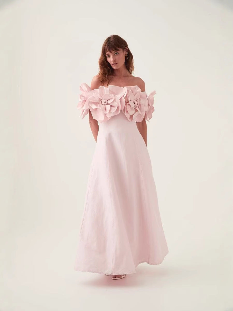 2025 Spring New A Dress Word Three-Dimensional Flowers Long Dress Dress Woman