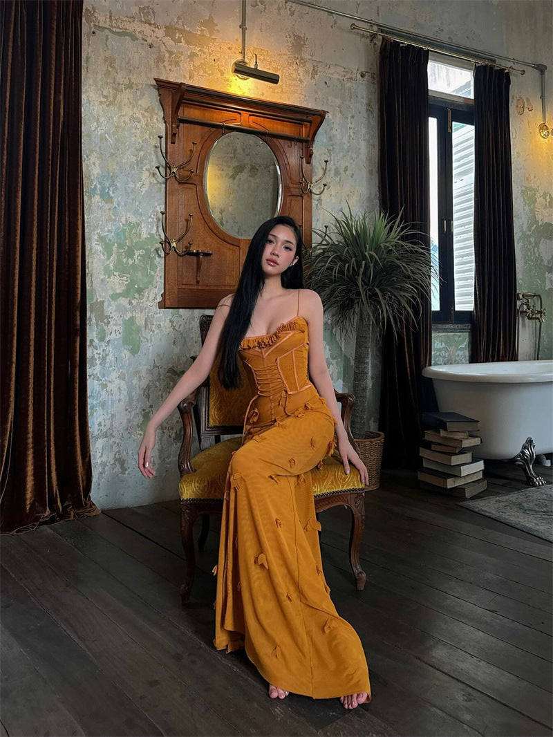 And Summer 2025 New Female Vietnamese Small Fish Bone Sling Net Yarn Dress To Collect Waist Thin Flower Dress Dress