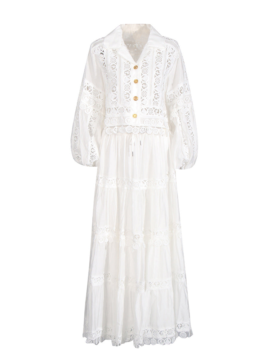 Elegance Style Set 2025 New Empty-Turned-Necked Leaster Splicing Shirt + Half-Dress Suit Woman