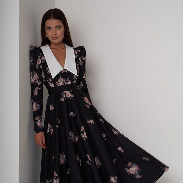 French Doll-Necked Flower-Print Court Feast Dress