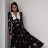 French Doll-Necked Flower-Print Court Feast Dress