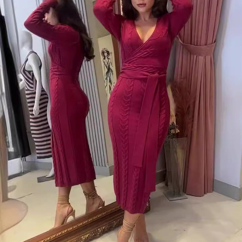 Women's Autumn V-Neck Long Sleeve Knitted High Waisted Tice With A Tinged Dress