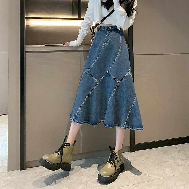 Broced # Spring And Summer Fishtail Skirt Design Sense A Word Loose Medium Long Skirt High-Waisted Denim Skirt Thin Cover Across The Skirt Girl DJPT