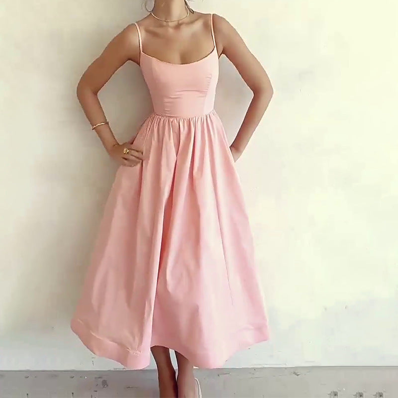 Summer New Women's Solid Color Low-Broth Sexy Bare Back Sling Dress