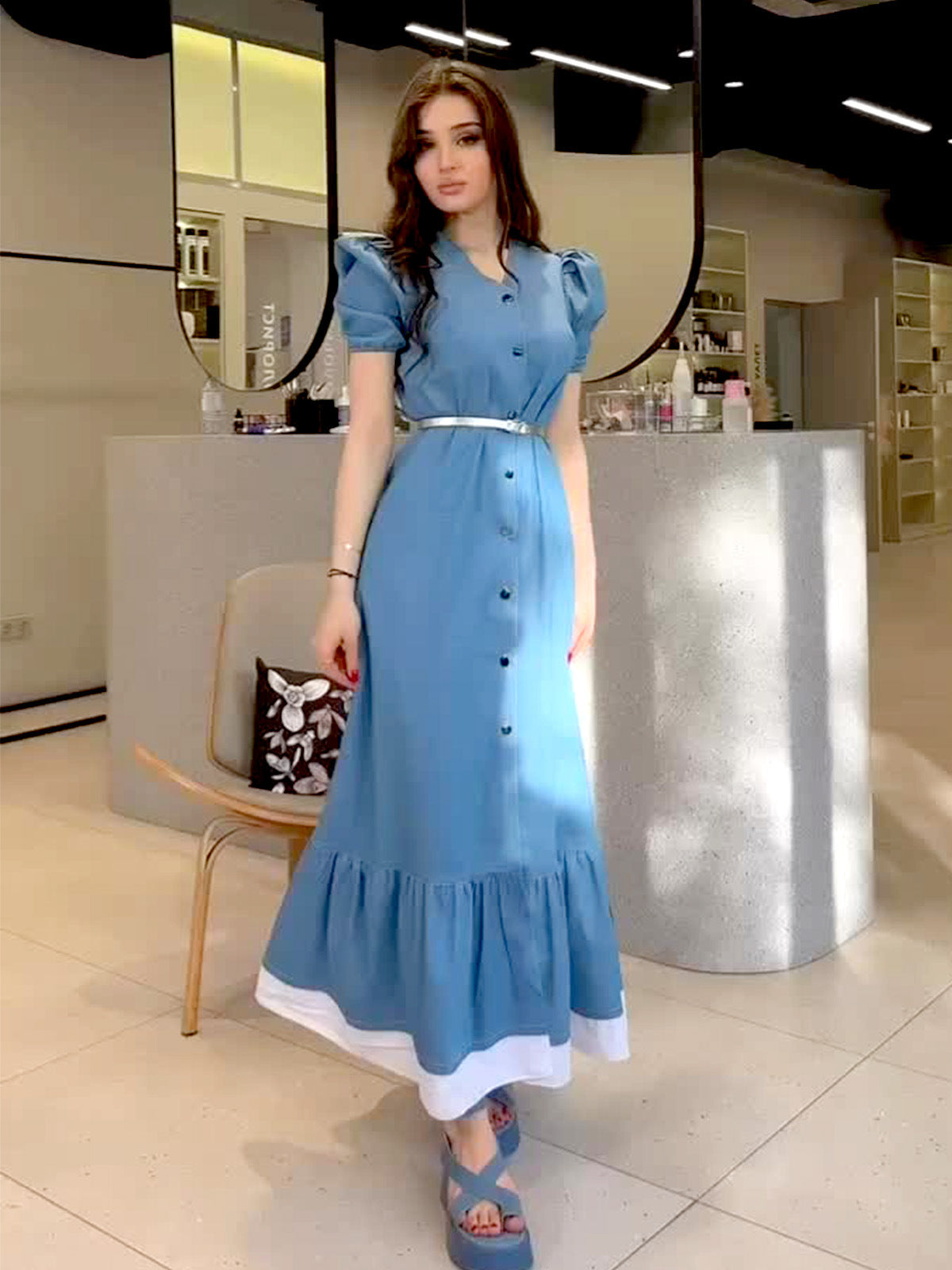 Summer Gentle First Love Style Slime Button Thin Lace Long Dress