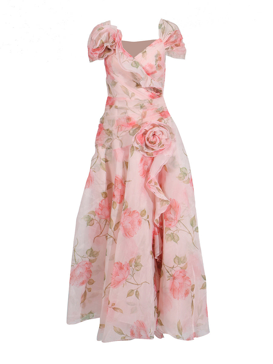 Vintage Flower Drewing Dress 2025 Summer New V-Neck Waist Opened Lotus Leaf Side Dress