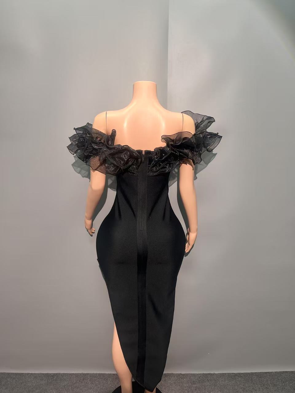 Niche V-Neck Thin Sexy Mesh Shoulder Dress Famous Style Bandge Jumpsuit