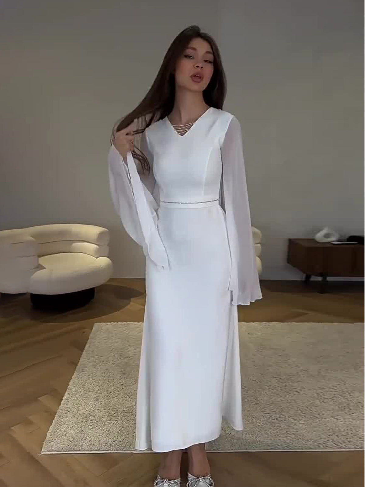 Women's Clothing 2024 Autumn New Fashion V-Neck Long-Sleeved Bag Hip Pencil Dress