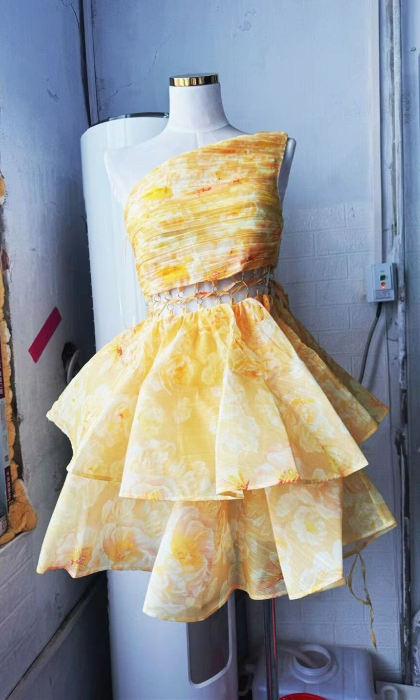 Oblique Shoulder Small Dress Holiday Wind Shoulder Pressure Folding With Hollow Print Ponbo Cake Skirt Skirt Tide