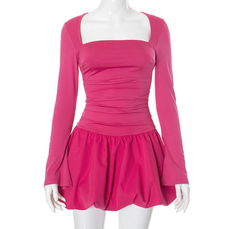 Women's Solid Color Square Collars With Long Sleeves Elegant Floral Skirt DJPT