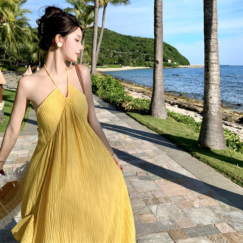 Seaside Travel Skirt Beach Dress Hanging Neck Yellow Sling Dress Woman