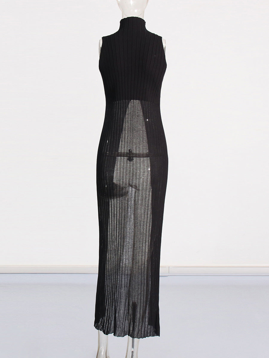 Women's Clothing 2025 Spring Personality Standing Sleeveless Open Forked Perspective Knitting Sexy Long Top