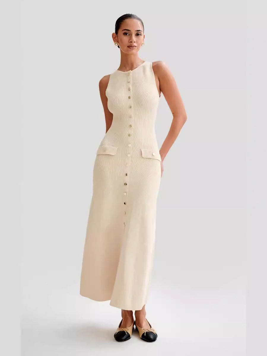 Summer New Temperament Sleeveless Round Collar Knitted Dress