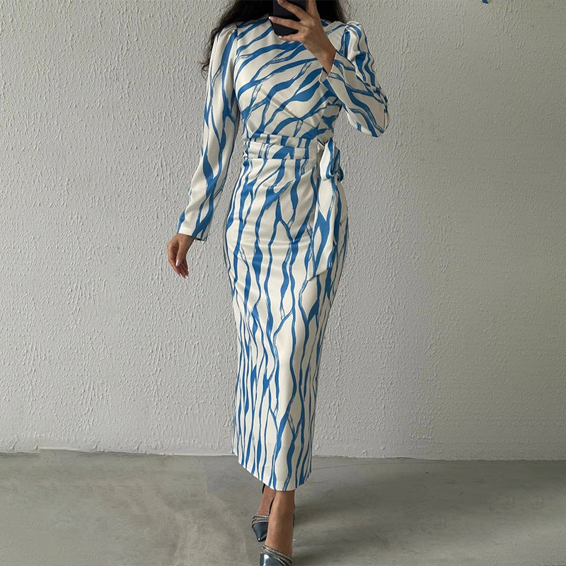 Women's Autumn Round-Neck Graffiti Long-Sleeved Striped Tie Slimming Dress