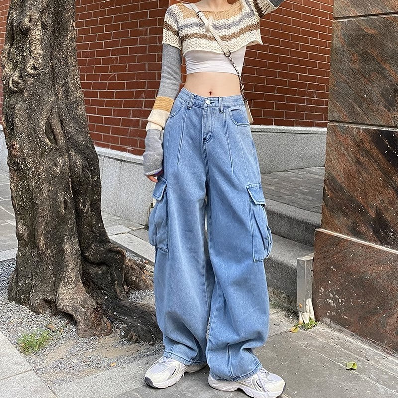 Kong Style Retro Big Pocket Workwear Jeans Women's Spring And Autumn Tide Straight Loose Hanging Wide Leg Trousers DJPT