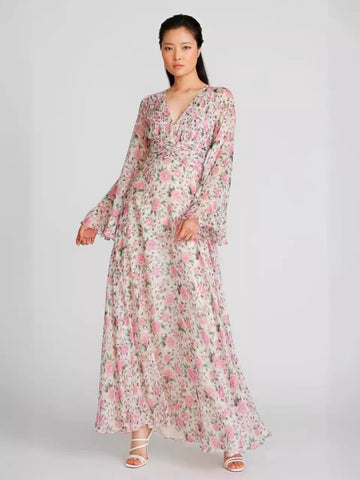 Beautiful Floral Dress Niche Design Super Fairy Pink V Collar Folds Waist Dress French 2024