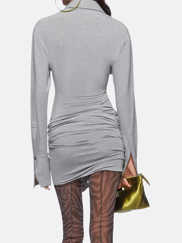 Babes Gray Long-Sleeved Polo Collar Short Dress Girl Niche Fall Sexy Irregular Hollow Dress
