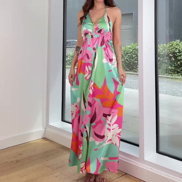 2024 Hanging Neck With Broken Floral Dress High-Waisted Luxury Sexy Dress