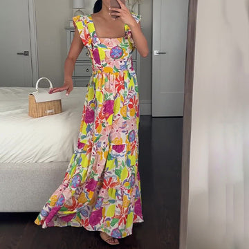 Women's Summer Leader Flying Flying Flying Sleeves Shredded Floral Skirt High Waist Repair Splicing Umbrella Skirt Woman