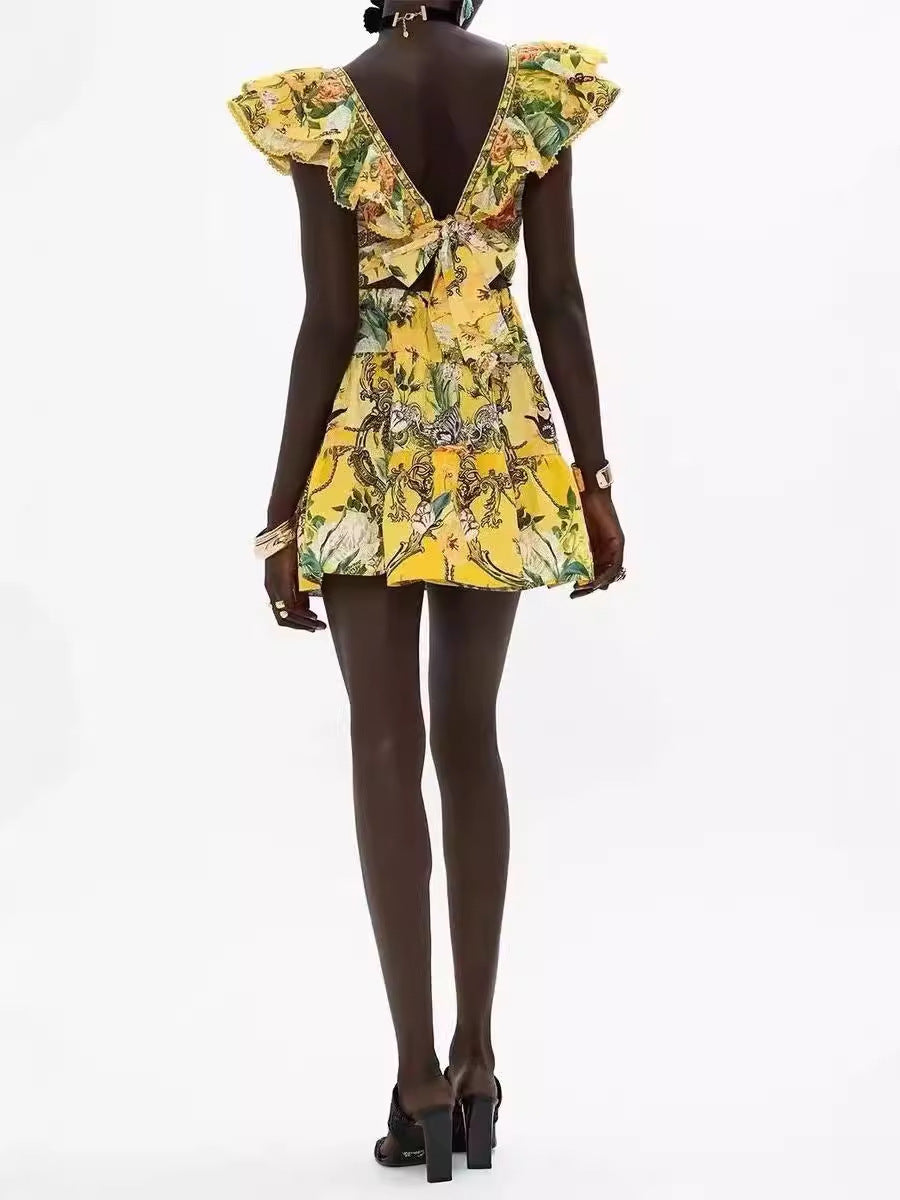 Lady Holiday Style Sexy V Collar Leaves With No Sleeves To Close The Waist Thin Yellow Print A-Shaped Dress Skirt