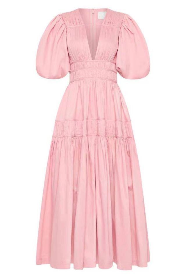 Niche 2024 Summer Wind V Collar Bubble Sleeves Short Sleeve Splicing Folds To Collect Waist Pink Dress Dress