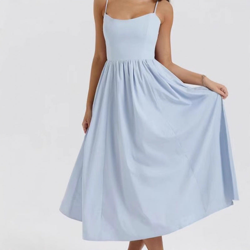 Summer New Women's Solid Color Low-Broth Sexy Bare Back Sling Dress