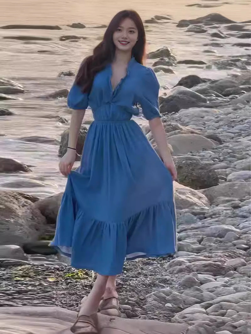 Women's New French Tea Rests On The Beautiful Solid Color Waist Temperament Long Skirt