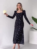 2024 New Court Style Lady Waist Temperament Low-Necked Long-Sleeved Dress