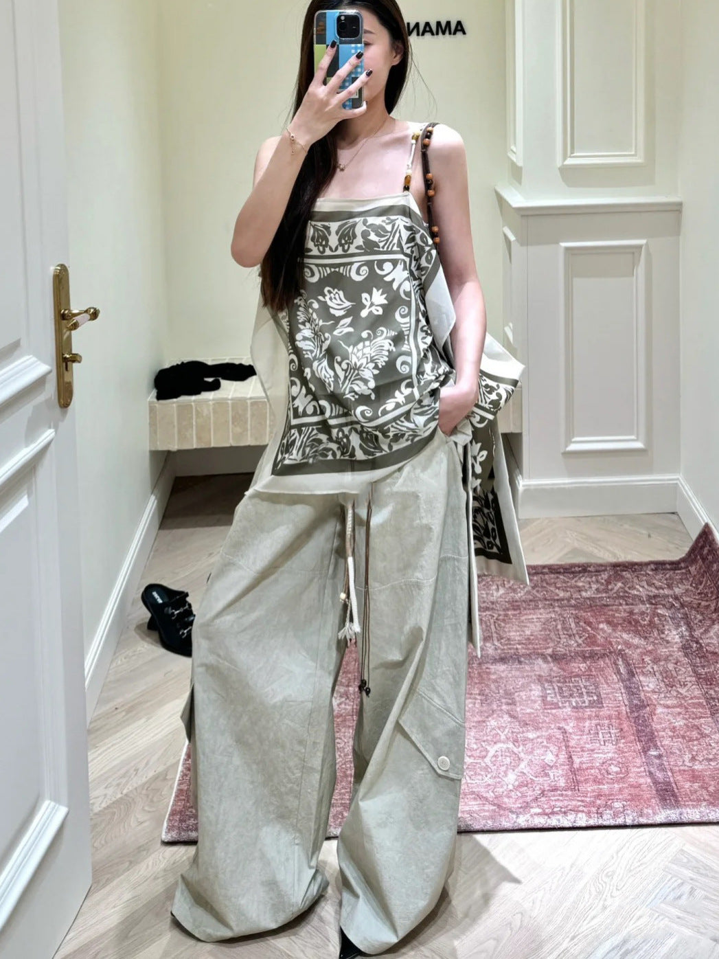 New Flat Print Bump Color Beaded Sling Sling T-Shirt Holiday Bohemian Style Design Top
