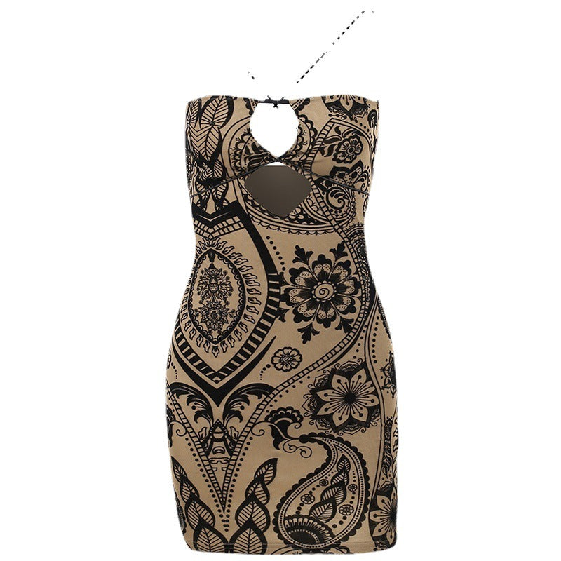 Velvet Print Hollow Bag Babes Sling Skirt Temperament Party Sexy Body Repair Dress DJPT