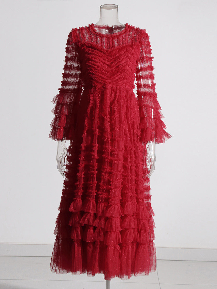 Retro Style Personality 2025 Summer New Round Collar Long Horn Sleeve Wood Ear Mesh Mesh Stitching Dress