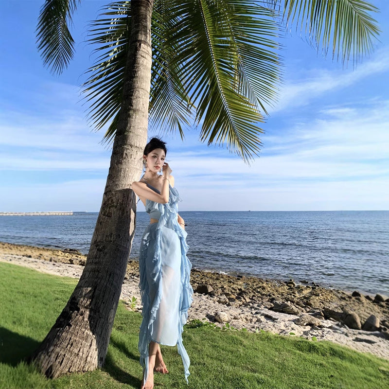 Holiday Wind Hanging Dress Female Summer Sexy Seaside Photo Irregularly Exposed Lotus Leaf Side Dress