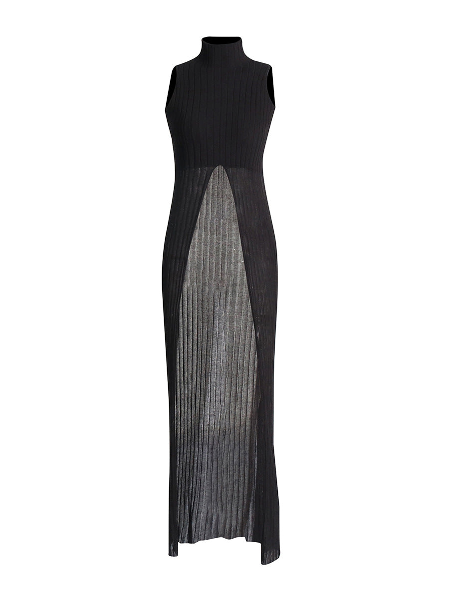 Women's Clothing 2025 Spring Personality Standing Sleeveless Open Forked Perspective Knitting Sexy Long Top