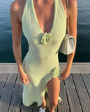 Babes Holiday Style V Collar Bare Back Hanging Neck Knitted Dress High Open Three-Dimensional Flower Design Long Dress