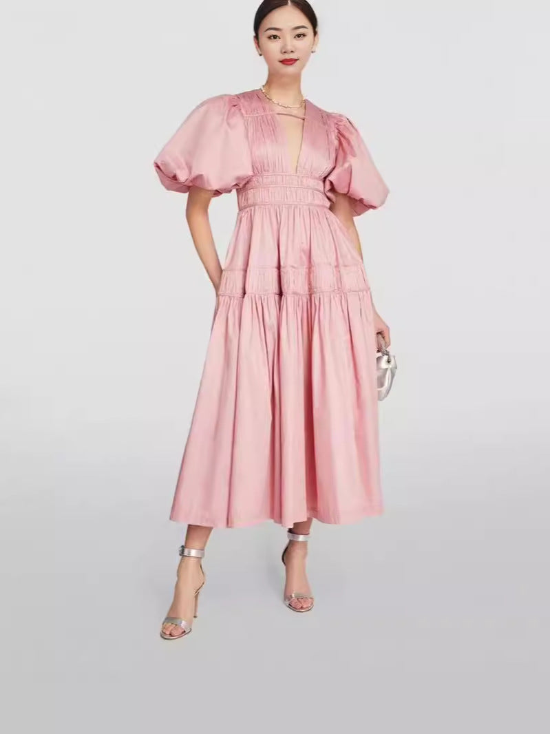 Niche 2024 Summer Wind V Collar Bubble Sleeves Short Sleeve Splicing Folds To Collect Waist Pink Dress Dress