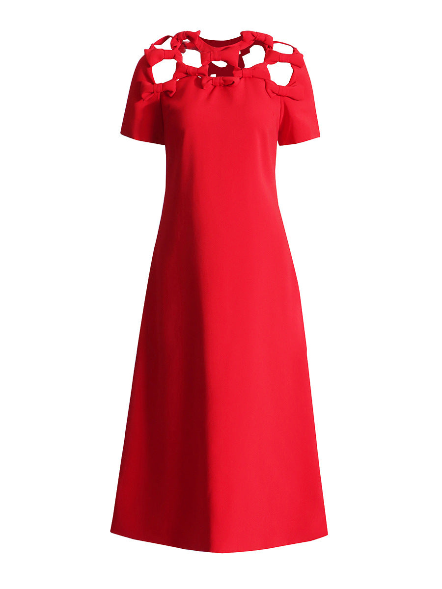 French Dress 2025 Spring New Red Collar Three-Dimensional Bow Spliced Hollow Dress Women's Dress