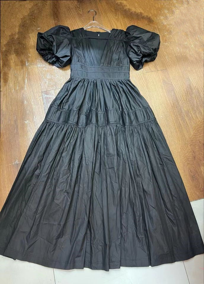 Niche 2024 Summer Wind V Collar Bubble Sleeves Short Sleeve Splicing Folds To Collect Waist Pink Dress Dress