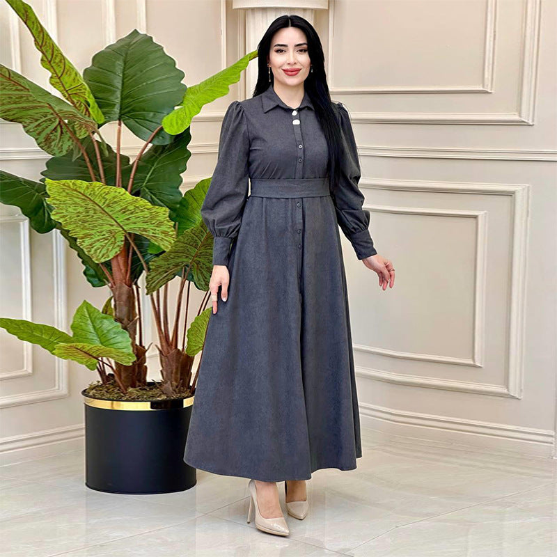 2024 New Elegant Temperament Belt Belt Solid Color Collar Dress