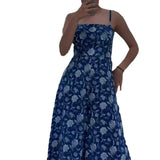 Summer New Leisure Holiday Blue Print Retro Bare Back Double Strap Sling Skirt