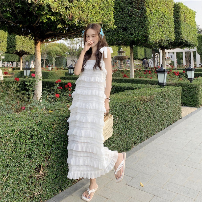 Heavy Industry Design With White Sling Dress Women's Summer 2024 New Chiffon Sleeveless Cake Dress