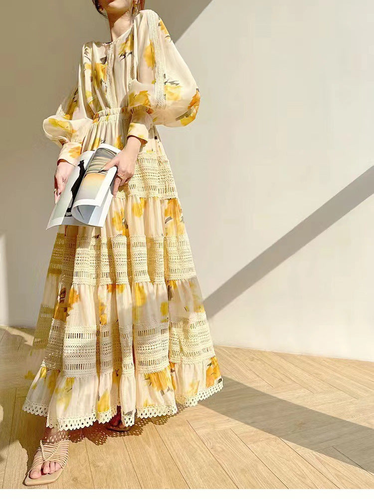Niche 2024 Spring New Round-Neck Lantern Sleeve Top With Rubber Ribs Waist Dress Printed Fashion Set