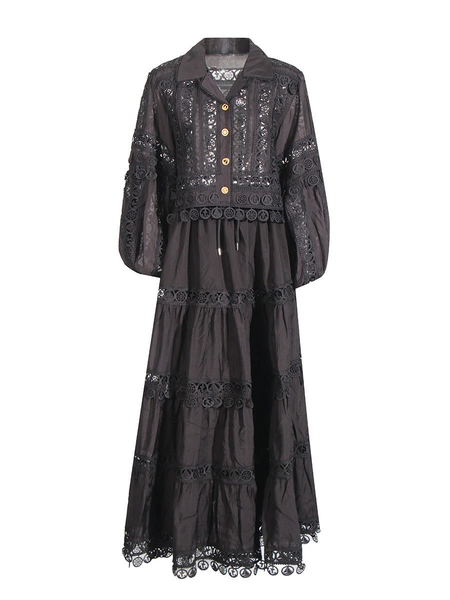 Elegance Style Set 2025 New Empty-Turned-Necked Leaster Splicing Shirt + Half-Dress Suit Woman