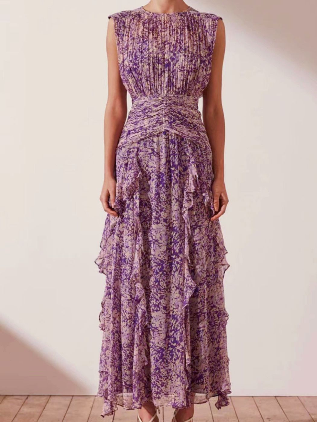 Autumn New Chiffon Printing Round Neckless Waist Design Lotus Leaf Side Long Dress