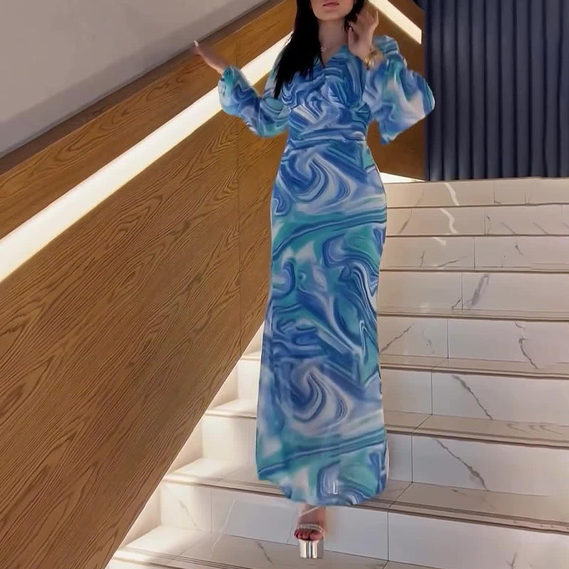 Women's Autumn V-Neck Lantern Sleeve Long-Sleeved High-Rise Fashion-Print Long Dress
