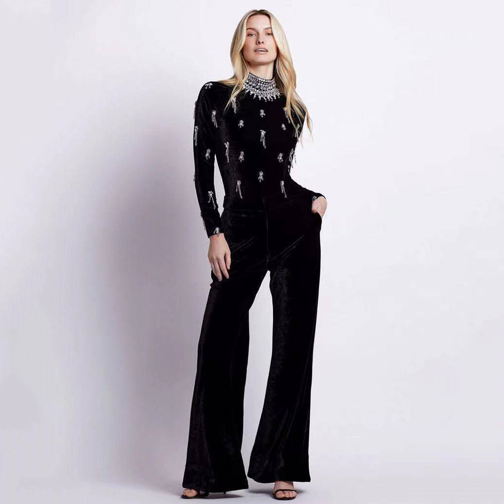And Winter New High-Waisted Jump Trousers Heavy Industry Nails And Diamond Temperament Bandage Wide Leg Pants