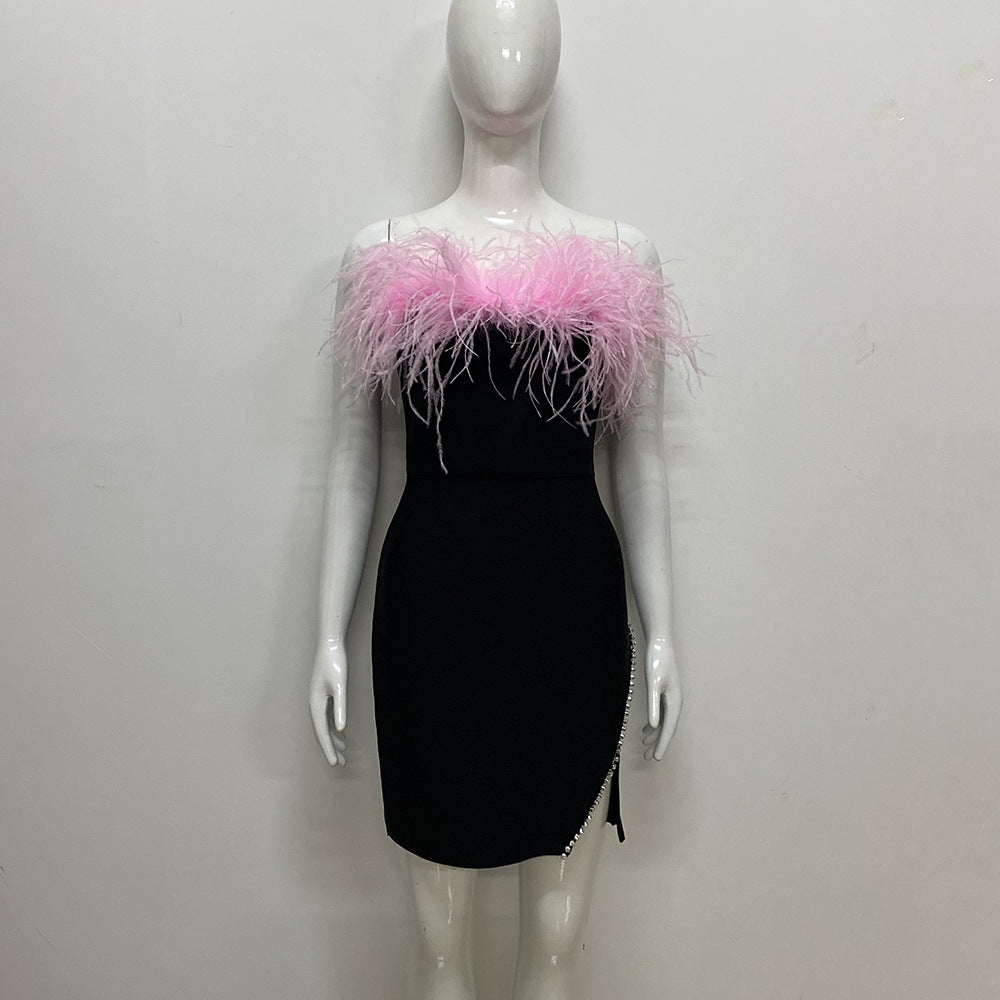 2024 New Breast-Boosted Hump Bird Woolen Dress Dress Dress Dress Dress For Sexy Forked Diamond