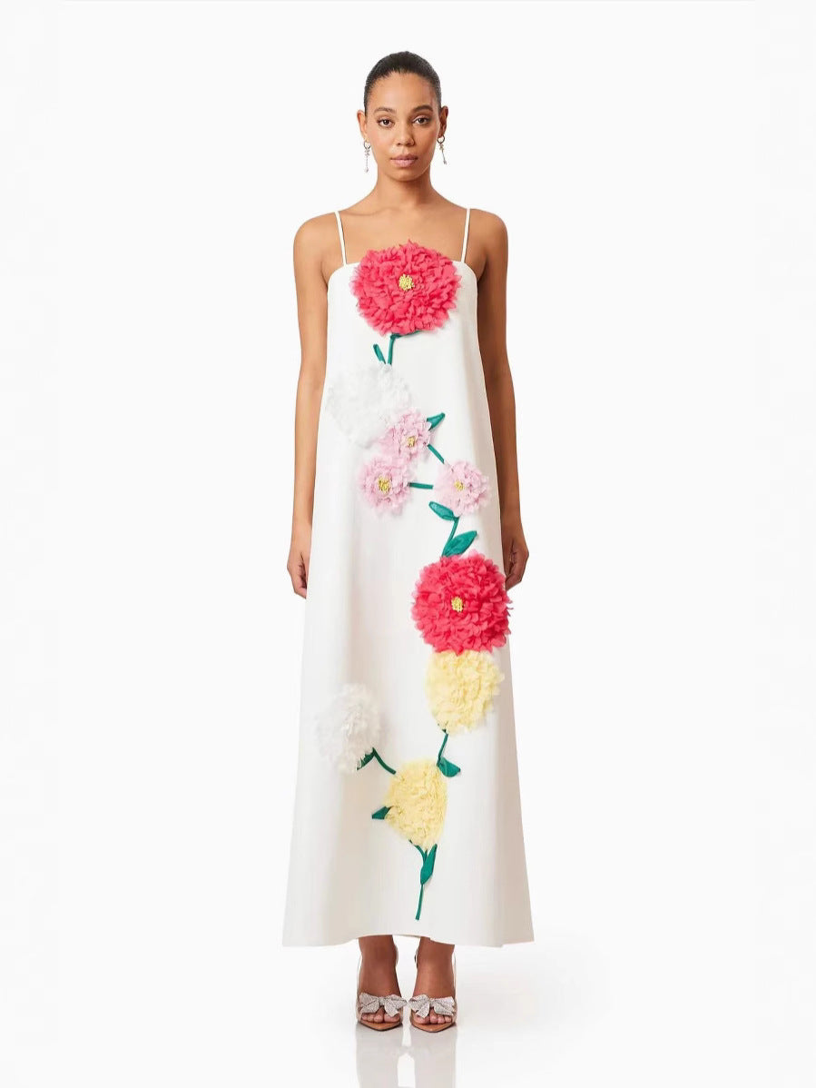 Large Flower Three-Dimensional Decoration Splicing 2025 New Solid Color Sling Skirt Loose Dress