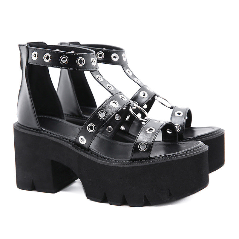Dew Metal Ring Hollow High-Heeled Sandals Thick-Soled Roman Shoes Trend Heightening Women's Shoes High Quality Shoes
